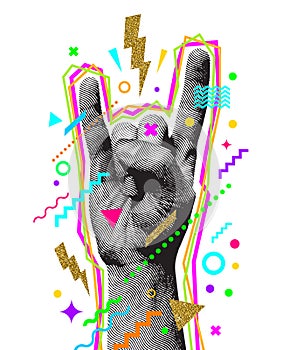 Rock`n`roll or Heavy Metal hand sign. Two fingers up. Engraved style hand and multicolored abstract elements. Vector illustratio photo