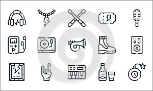 rock n roll line icons. linear set. quality vector line set such as bomb, piano keyboard, poster, whiskey, rock, mp player, boots