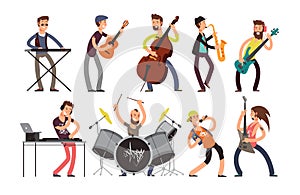 Rock n roll music band vector characters with musical instruments. Musicians playing music