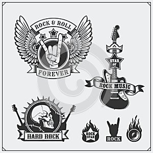 Rock`n`Roll music symbols, labels, logos and design elements.