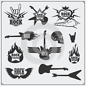 Rock`n`Roll music symbols, labels, logos and design elements.