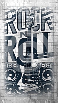 Rock n Roll Poster with faded Monochrome-effect-with Guitar -Stereo Speakers