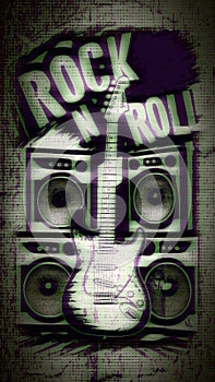 Rock n Roll Poster with grunge-blur -effect-with Guitar -Stereo Speakers