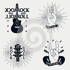 Rock-n-roll prints for t-shirt. Set of graphic design for clothes, t-shirt, apparel with guitar, lightning, ribbon, sunburst.