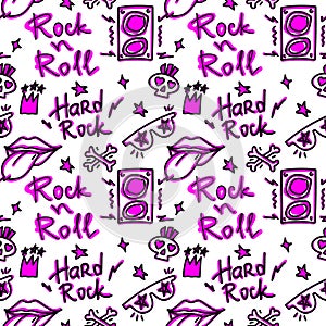 Rock n Roll seamless pattern. print for textiles, backgrounds, printing. Grunge style, hand lettered, vector