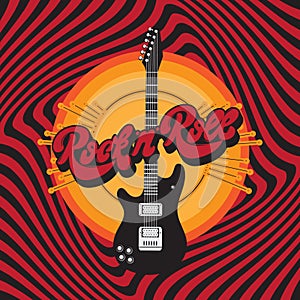 Rock`n` Roll. Vector hand drawn illustration of guitar with wings and handwritten lettering.