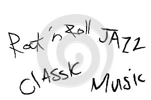 Rock- n - rool, jazz, classic, music text design on white background. Typography poster.