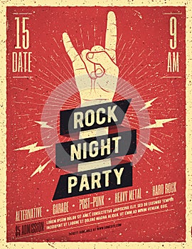 Rock Night Party Poster. Vintage Styled Vector Illustration.