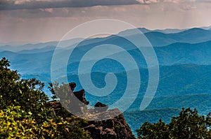 Rock outcrop on North Marshall and view of the Blue Ridge in She