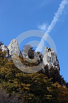 Rock outcroppings in autumn, sunny day photo