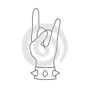 Rock outline hand gesture. Heavy metal and punk arm symbol with armlet with spikes. Vector line illustration of rocker