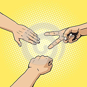 Rock paper scissors hand game pop art style vector