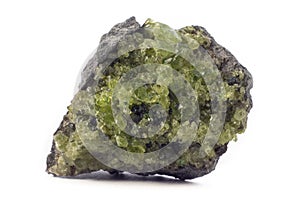 Rock with peridot olivine mineral from the USA isolated on a pure white background photo