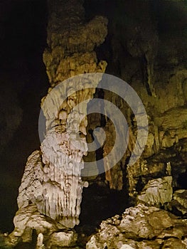 Rock pillar column chalk limestone from op to bottom fromation water in stalatite cave with river pai tour chiang mai