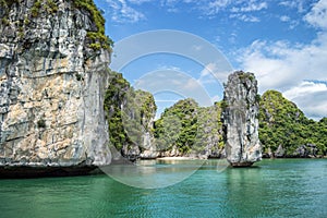 Rock pillar and emerald water, Halong Bay Vietnam