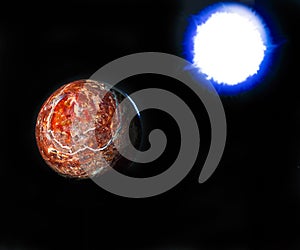 Rock planet and blue sun on black background