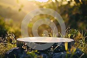 Rock podium in natural greenery, sunset sunlight, atmospheric natural background