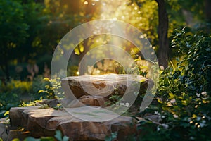 Rock podium, stone in natural environment in bright sunlight with green leaves