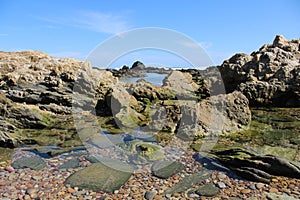 Rock pools at the sea with ocean and sky background