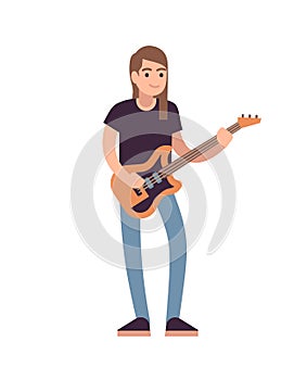 Rock or pop musician with guitar. Guitarist musical performance, male artist standing in casual clothes with musical