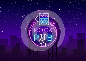 Rock Pub Logo Neon Vector. Rock Bar Neon Sign, Concept with a glass, Bright Night Advertising, Light Banner, Live Music