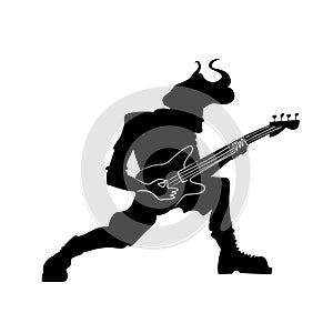 Rock punk musician. The extraordinary guitarist person. Black and white isolated silhouette with contour. Vector illustration