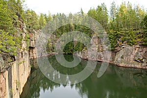 A rock quarry filled with water.