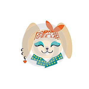 Rock Rabbit girl. Vector cartoon character in rock accessories and a cool bandana on his head. Isolate illustration on