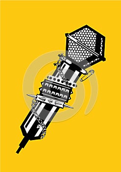 Music poster with microphone. Black and white lineart illustration. Rock and rap tattoo.