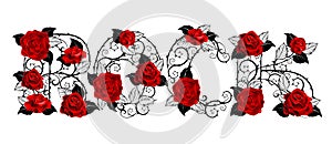 Rock of red roses on white background