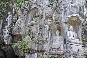 Rock reliefs at Feilai Feng grottos near Lingyin Temple in Hangzhou, China
