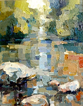 Rock in river running acrylic oil impressionism painting