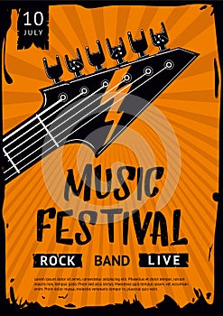 Rock and Roll background. Indie festival and party template. Hardrock music poster with guitar and human hand. Vector
