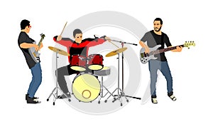 Rock and roll band vector illustration. Musician play bass guitar and drums on stage. Super star music concert show. Great event.