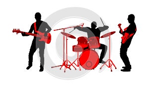 Rock and roll band vector silhouette illustration. Musician play bass guitar and drums on stage. Super star music concert show.