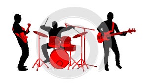 Rock and roll band vector silhouette. Musician play bass guitar and drums on stage. Super star music concert show. Great event