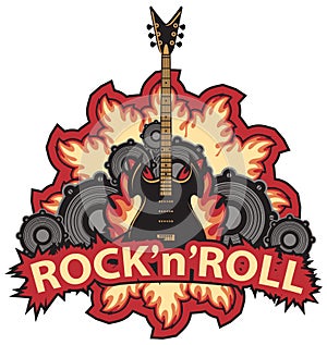 Rock and roll banner with guitar, speaker and fire