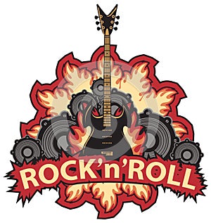 Rock and roll banner with guitar, speaker and fire photo