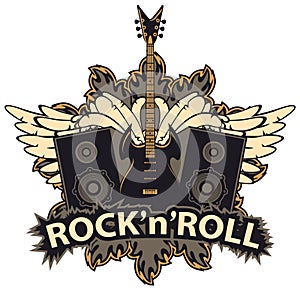 Rock and roll banner with guitar, speakers, wings photo