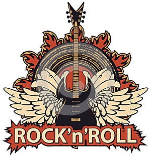 Rock and roll banner with guitar, wings, speaker