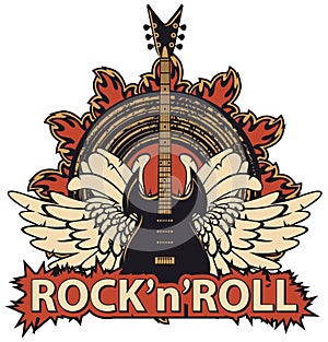 Rock and roll banner with guitar, wings, speaker photo