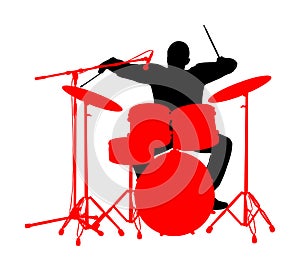 Rock and roll drummer vector silhouette illustration isolated on white background. Musician play drums on stage. Super star music