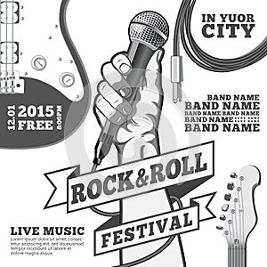 Rock and roll festival concept poster. Hand holding a microphone in a fist. Black and white illustration . mixed media