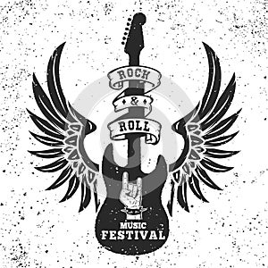 Rock and roll festival poster template. Winged guitar on grunge background. Design element for logo, emblem, card,banner