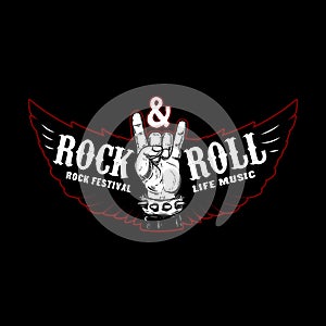 Rock and roll festival. Rocker sign and wings. Design element for logo, label, emblem, sign, poster.