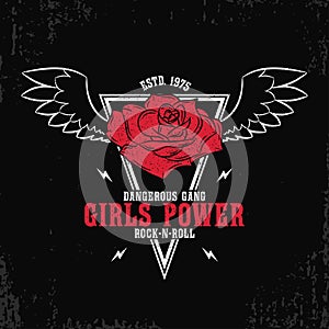 Rock and roll, girls power - grunge typography for t-shirt, women clothes. Fashion print for female apparel with rose and wings.