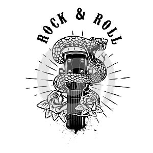 Rock and roll .Guitar head with snake and roses. Design element for poster, card, banner, emblem, t shirt.