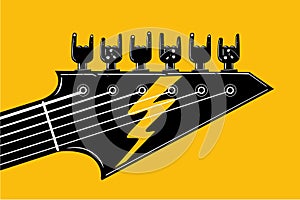 Rock and Roll. Indie festival and party template. Hardrock music poster with guitar and human hand. Vector illustration photo