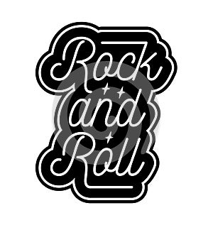 Rock and roll label. Text lettering inscription. Black and white vector illustration