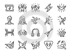 Rock and Roll line icon set. Included the icons as rocker, leather boy, concert, song, musician, heart, guitar and more.